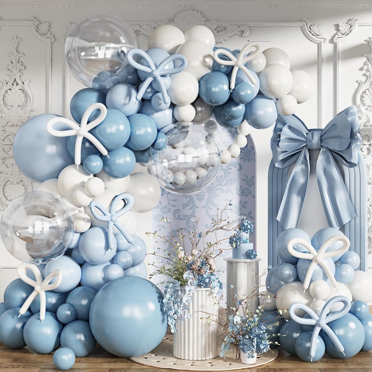 134 PCS Dusty Blue Balloon Arch Kit – Light Blue & White Garland with Clear Balloons for Baby Shower, Gender Reveal & Wedding